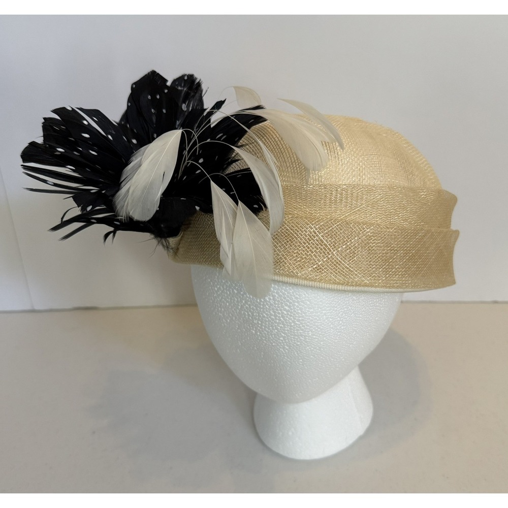 Fine Millinery Fascinator Tan Straw Hat Black / White flowers , Derby